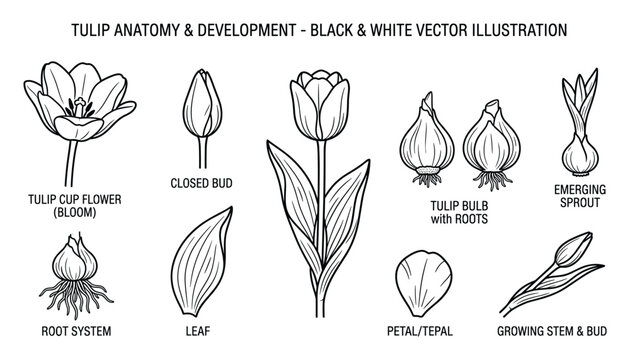 Tulip Anatomy and Development Black and White Vector Illustration Diagram