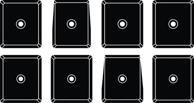 Eight black and white silhouette icons of dice with a single pips on each face game gambling