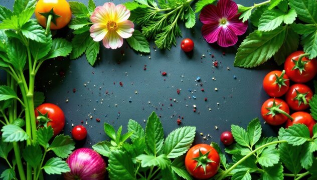 Fresh herbs in kitchen garden collage with edible flowers and greenery , kunstig arrangeren, ged?nsel