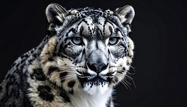 Majestic Snow Leopard Portrait with Piercing Blue Eyes on Black Background.