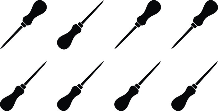 Eight black silhouette awls with curved handles on a white background tool piercing