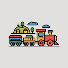 Fototapeta premium Colorful Train Traveling on Tracks with Houses and Trees