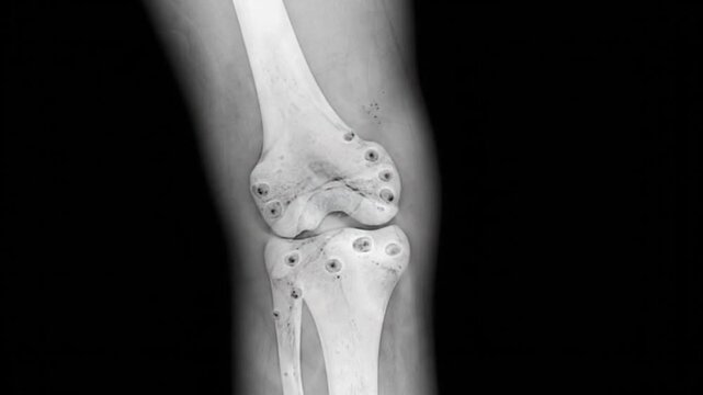 Medical X-ray scan close-up. Human knee joint with red pain highlight. Multiple osteolytic lesions visible on distal femur. Orthopedics healthcare concept.