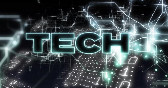 Block letters TECH forming over 3D network following luminous lines animating, showing data stream
