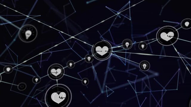 Glowing ray beaming white heart icon, pulsing and connecting bulb nodes revealing digital network