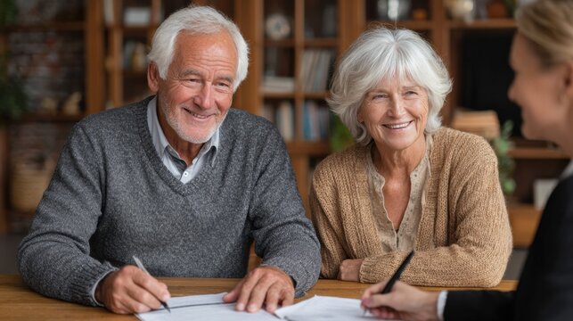 Couple in Their Sixties Discussing Estate Planning Documents With Attorney in Warm Law Office Setting