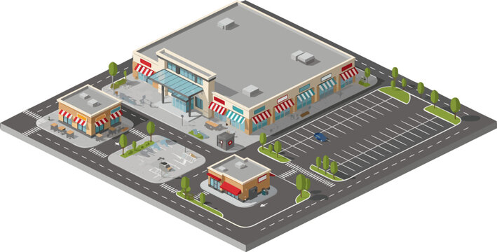 Isometric Vector Illustration of a Modern Shopping Mall and Retail Complex with Parking Lot, Shops, and Cafes in a Detailed Urban Environment