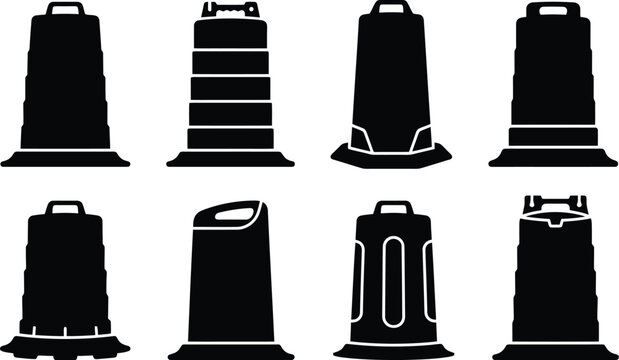 Eight black silhouette icons of traffic cones and industrial barrels with varied designs and handles