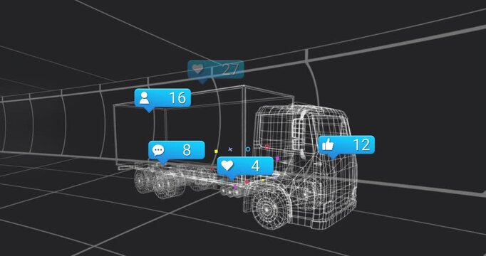 Blue thumbs-up icon activating icons around 3D wireframe truck, showing rising engagement metrics