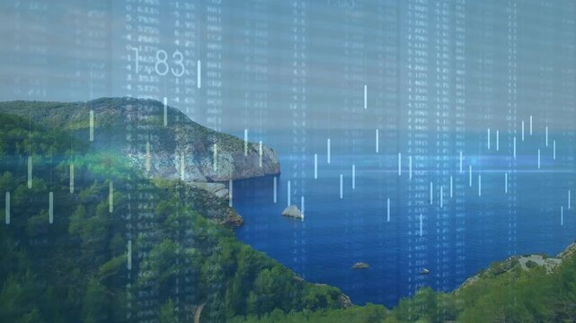 pine cliff receiving descending data bars pulsing shifting and sweeping light beam visualizing data