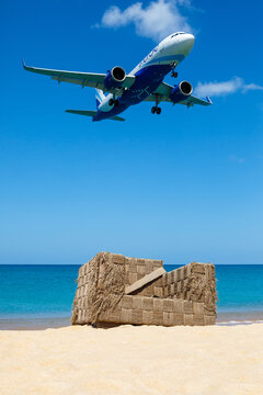 12.03.2026. Phuket. Thailand. Aircraft landing at Phuket International Airport over Mai Khao Beach, Thailand.
