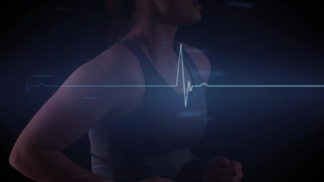 Female runner jogging, camera pulling back revealing profile as ECG aligning with chest for fitness