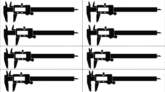 Eight black silhouette illustrations of digital calipers with varying jaw openings on a white background