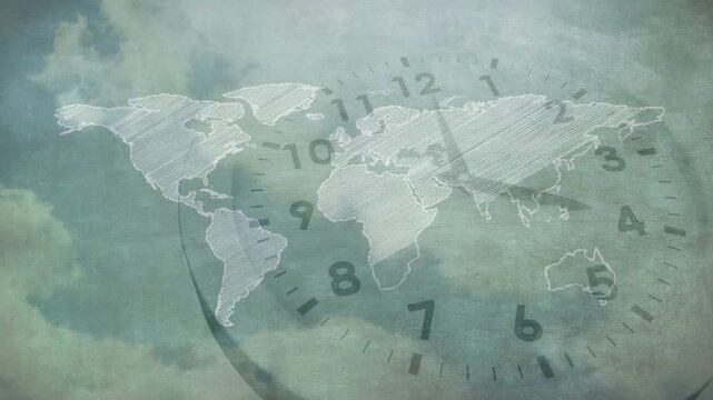 Cloud shift starting sketch map drawing in from left over clock face, hands advancing, showing time