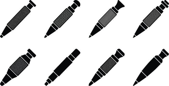 Eight black silhouette pens with patterned barrels and different cap styles on a white background writing instrument