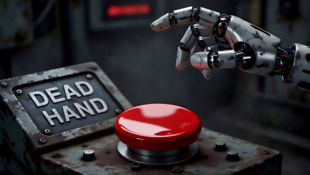 Robotic Hand Reaching for Red Button Labeled Dead Hand Concept of AI Risk and Critical Decision