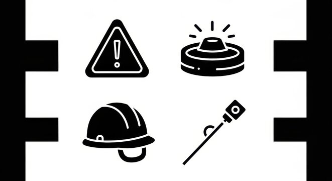 Industrial safety and hazard warning vector icon set caution sign, landmine, hard hat, and metal detector. Essential symbols for risk management and prevention