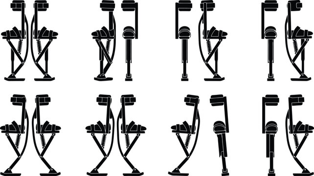 Eight black silhouette stilt walkers with spring-loaded legs in various poses on a white background stilts