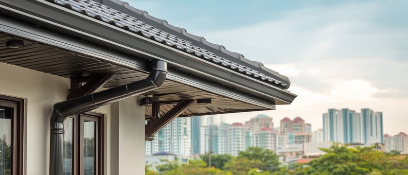 Modern roof gutter and downspout system with city skyline in background on house exterior