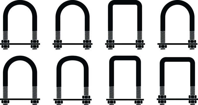 Eight Black Silhouette U- Bolts With Nuts And Washers On White Background u-bolt fastener