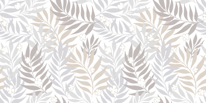 Neutral Palm Leaves Seamless Pattern Vector Background with Hand Drawn Tropical Silhouettes Large Scale Abstract Minimal Summer Foliage in White and Gray