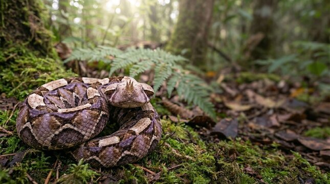 Massive Gaboon viper (Bitis gabonica) coiled on leaf litter with dramatic copy space