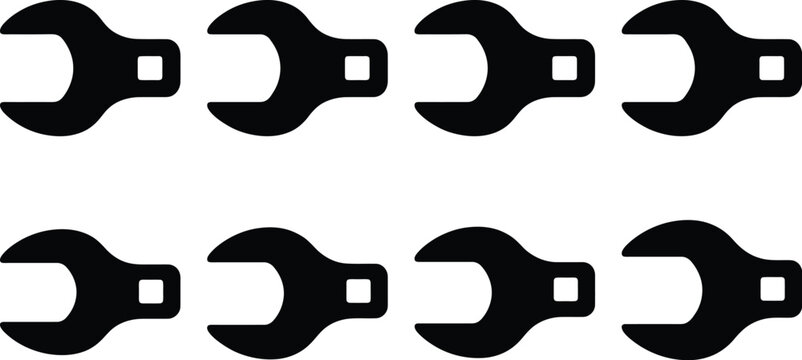 Eight Black Silhouettes of Open- End Wrenches on a White Background open-end wrench spanner
