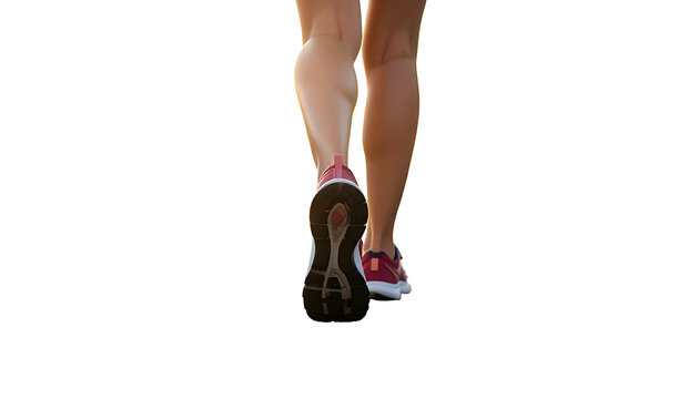 Rear view of legs in running shoes, isolated on black, motion captured in active stride