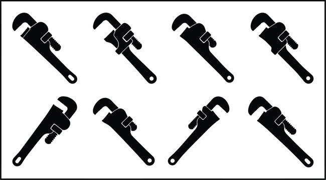 Eight Black Silhouettes of Pipe Wrenches at Various Angles on a White Background adjustable wrench plumbing tool