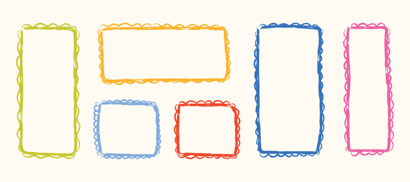 Geometric crayon stamp set. Hand drawn frames, borders for school, children's art, postcard, stickers, wedding invitations. Doodle shape box collection. Isolated whimsical vector illustration.