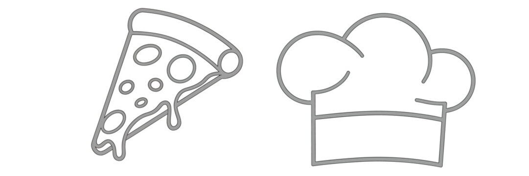 Line drawing of pizza slice and chef hat on white background