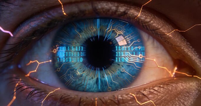 A close-up of a human eye with a blue iris, overlaid with digital binary code and circuit board patterns, representing technology and AI.