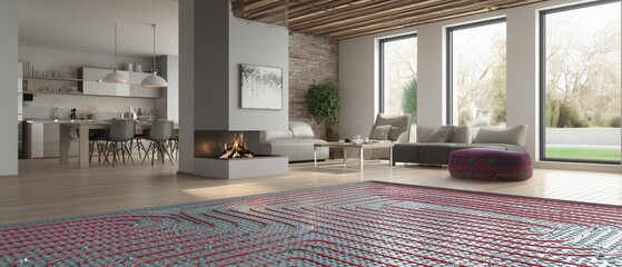Naklejka premium Underfloor heating system installation in modern residential space with open layout and natural light