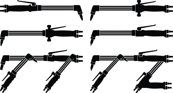 Six Black Silhouette Icons of Oxy- Acetylene Cutting Torches with Different Angles Keywords: cutting torch, oxy-acetylene torch, welding torch, gas torch, metal cutting, industrial tool