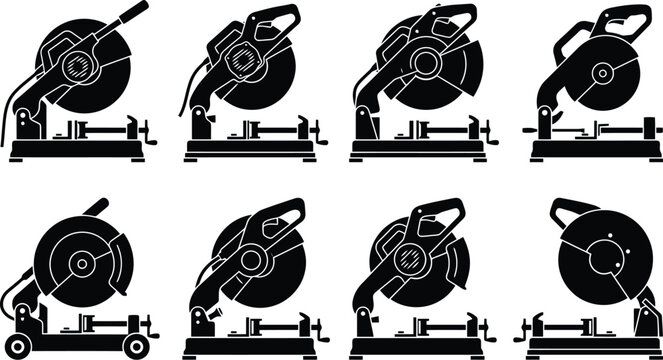 Silhouette Collection of Chop Saws and Metal Cutting Saws in Various Angles Keywords: chop saw, metal cutting saw, power tool, industrial equipment, construction tool, cutting machine, circular