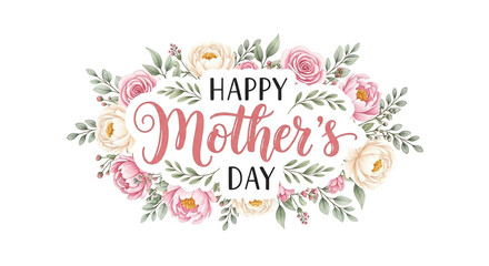 Obraz premium Happy Mother's Day text in pink script surrounded by a beautiful watercolor floral wreath with pink, cream, and yellow roses and green leaves on a white background.