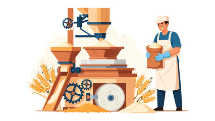 Grain milling: A craftsman stands beside an aged mill, delicately handling a bag of freshly milled grain, set amidst the golden landscape of the harvesting season.  © Murshida
