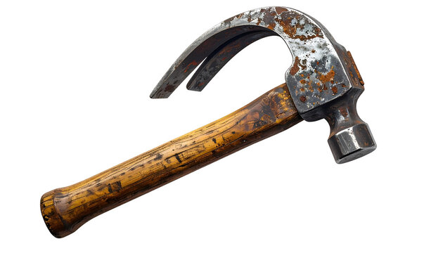 A well-worn claw hammer with a wooden handle, showing signs of rust and use
