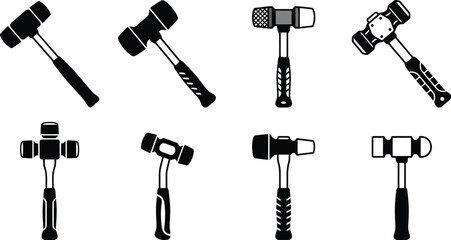 Assortment of Eight Black and White Silhouettes of Rubber Mallets and Hammers Keywords: mallet, hammer, tool, construction, carpentry, workshop, DIY, repair, striking, impact, rubber mallet © Kosain
