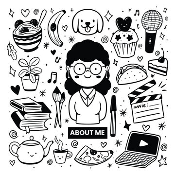 Hand drawn about me doodle illustration featuring a cute girl surrounded by her favorite things