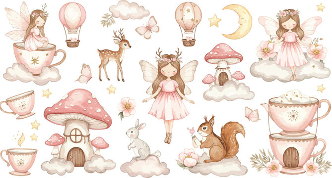 Whimsical illustrations of fairies animals and mushrooms in a fantasy world with soft colors and dreamy atmosphere