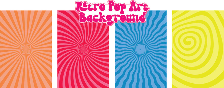 Retro Pop Art Background set with 4 colorful sunburst and swirl patterns, psychedelic 1960s style sunbeam vectors, vintage comic book ray textures