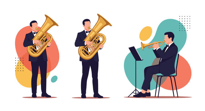 Group of male musicians in formal tuxedos play brass instruments including the tuba and trumpet during a professional concert performance.