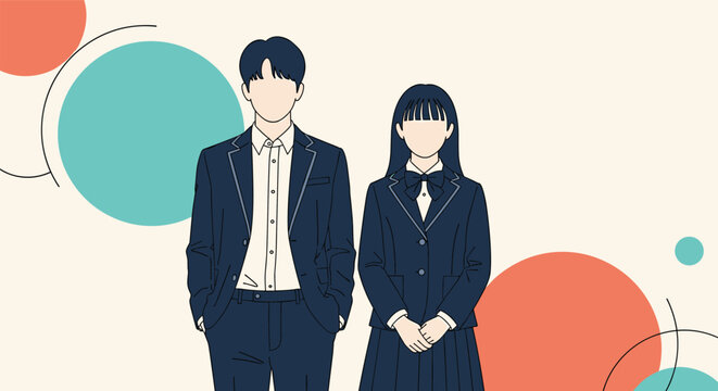 High school students in traditional navy blue blazers and uniforms stand side by side against a minimalist geometric background.