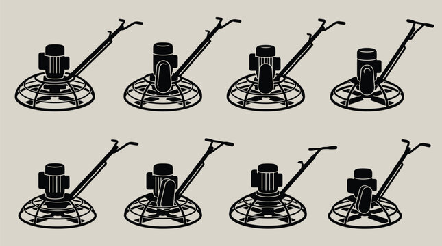 Set of eight identical concrete power trowel icons in silhouette on a neutral background concrete trowel