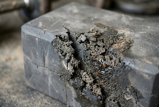 Macro close-up of an EVA foam yoga block crumbling and stained with oily sludge