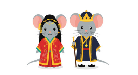 Fototapeta premium Two cute mice dressed in elaborate traditional Asian royal costumes representing a king and queen for festive cultural celebration.