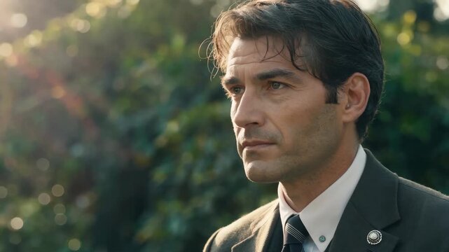 Close-up of a man in a suit wearing an outdoor side face