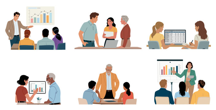 Teamwork unfolds in diverse office settings. Colleagues discuss, present, and analyze with focused energy. Group dynamics reflect collaboration across age and background. Ideal for business, education