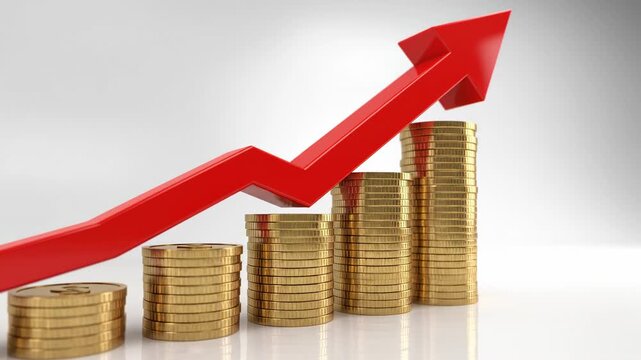 Upward financial trend red arrow and stacked gold coins representing growth and positive investment returns